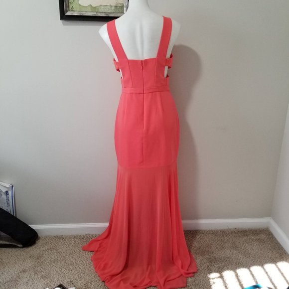 Sz 8 BCBGMaxAzria Joy Cutout Gown Dress in Ambrosia (Coral) with Chiffon Skirt - Picture 4 of 12